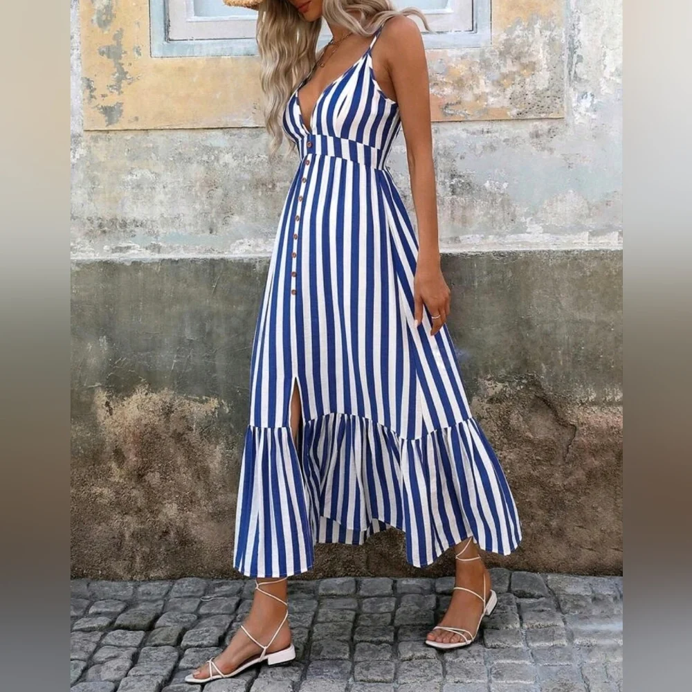 New Nautical Striped Ruffle Hem Long Dress White Blue - Picture 1 of 8